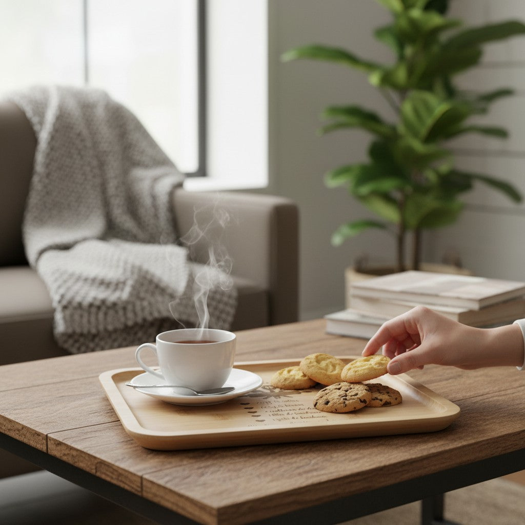 Plateau carré en bambou naturel L'Atelier de Lylou gravé "Recette de la meilleure maman" avec prénoms personnalisés.