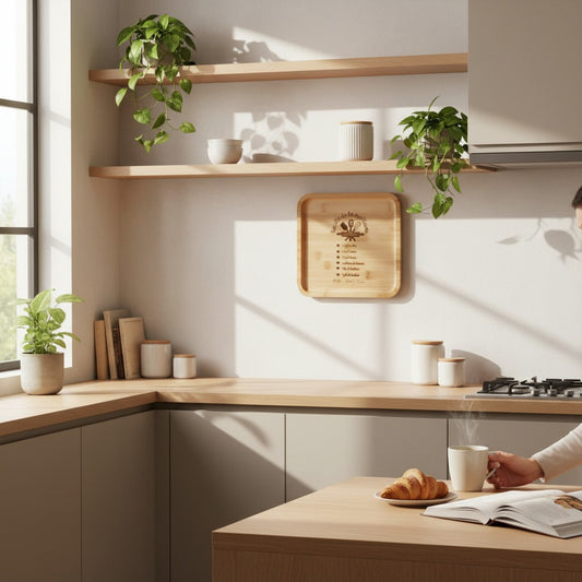 Plateau carré en bambou naturel L'Atelier de Lylou gravé "Recette de la meilleure maman" avec ustensiles de cuisine et prénoms personnalisés.