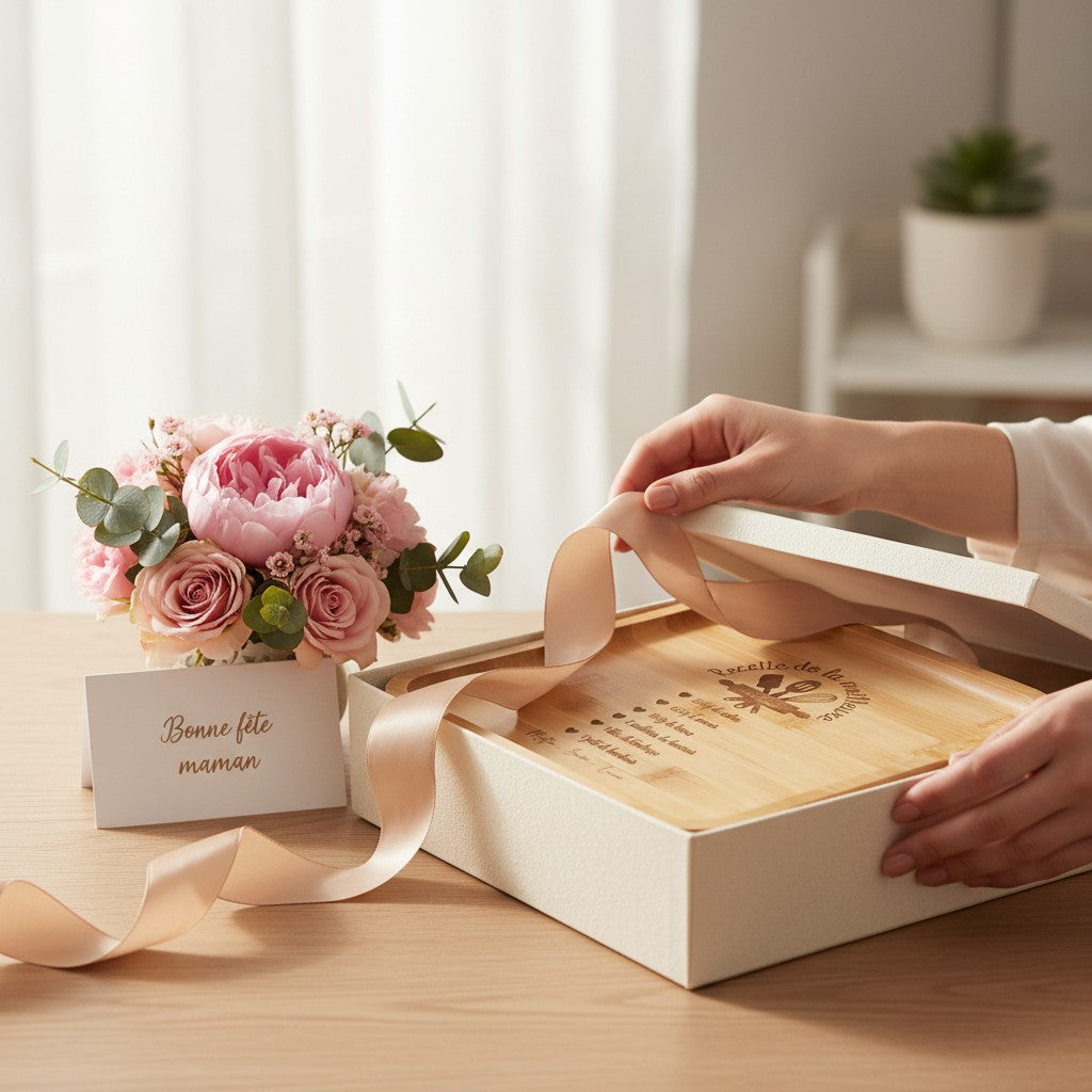 L'Atelier de Lylou plateau carré en bambou naturel gravé "Recette de la meilleure maman" avec prénoms personnalisés