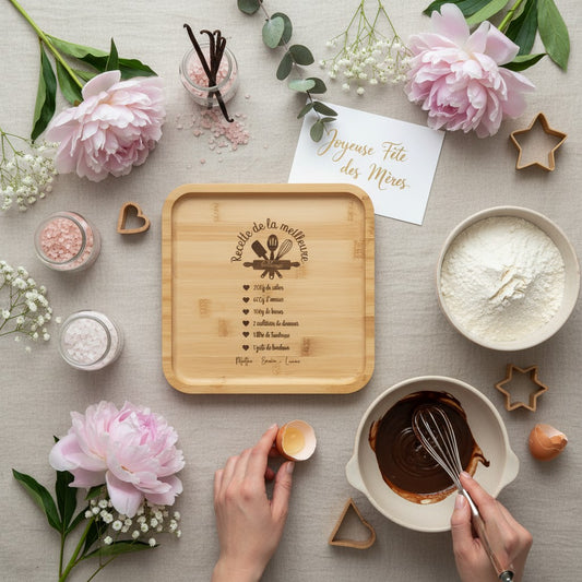 Plateau carré en bambou naturel L'Atelier de Lylou gravé "Recette de la meilleure maman" avec prénoms personnalisés.