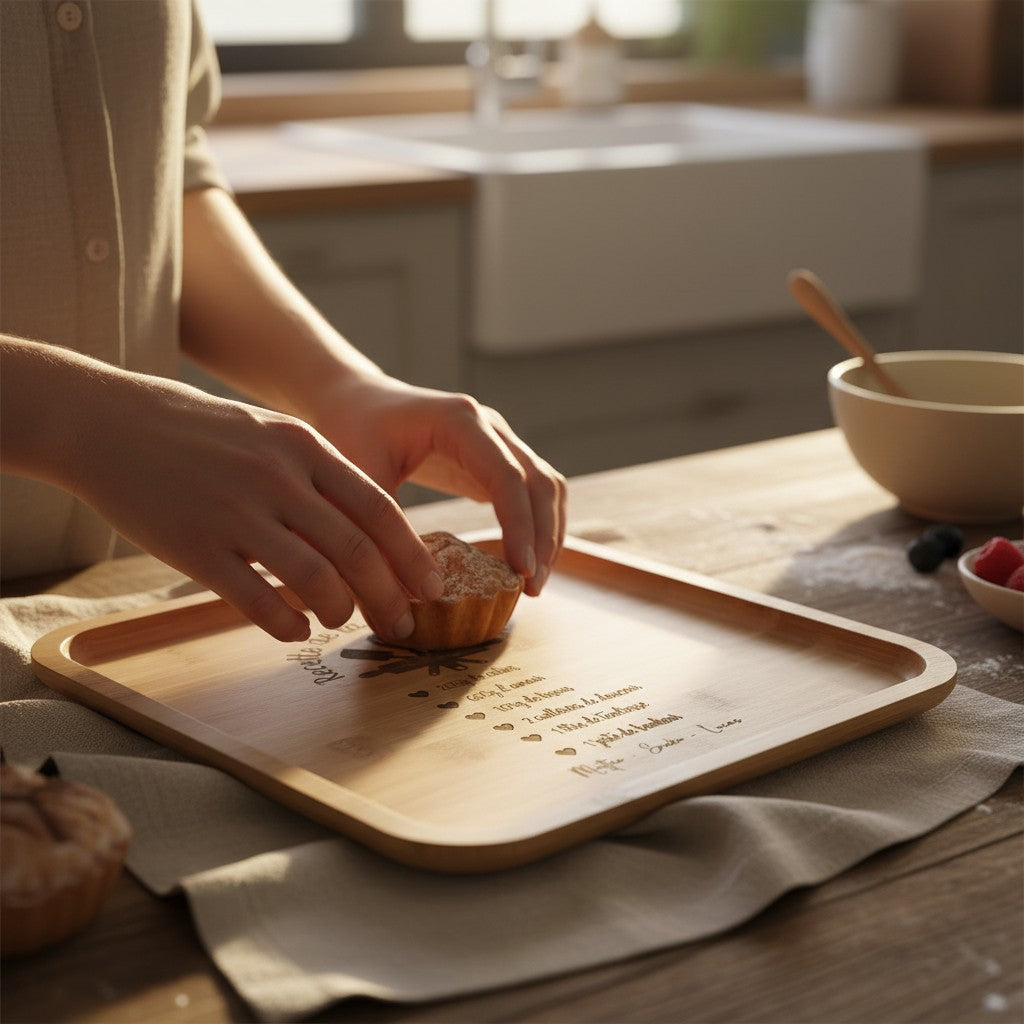 Plateau carré en bambou naturel L'Atelier de Lylou avec gravure "Recette de la meilleure maman" et prénoms personnalisés.