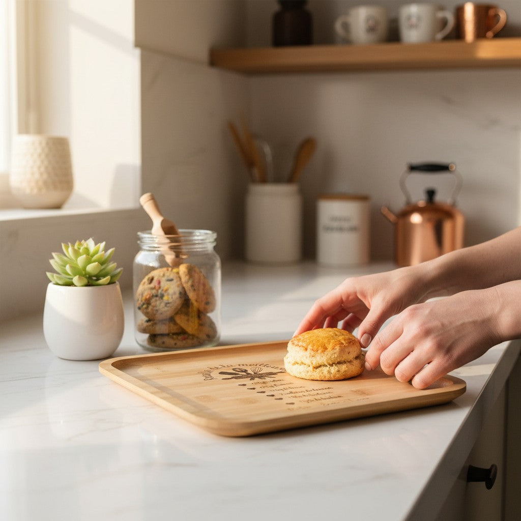 Plateau carré en bambou naturel L'Atelier de Lylou gravé "Recette de la meilleure maman" avec prénoms personnalisés.