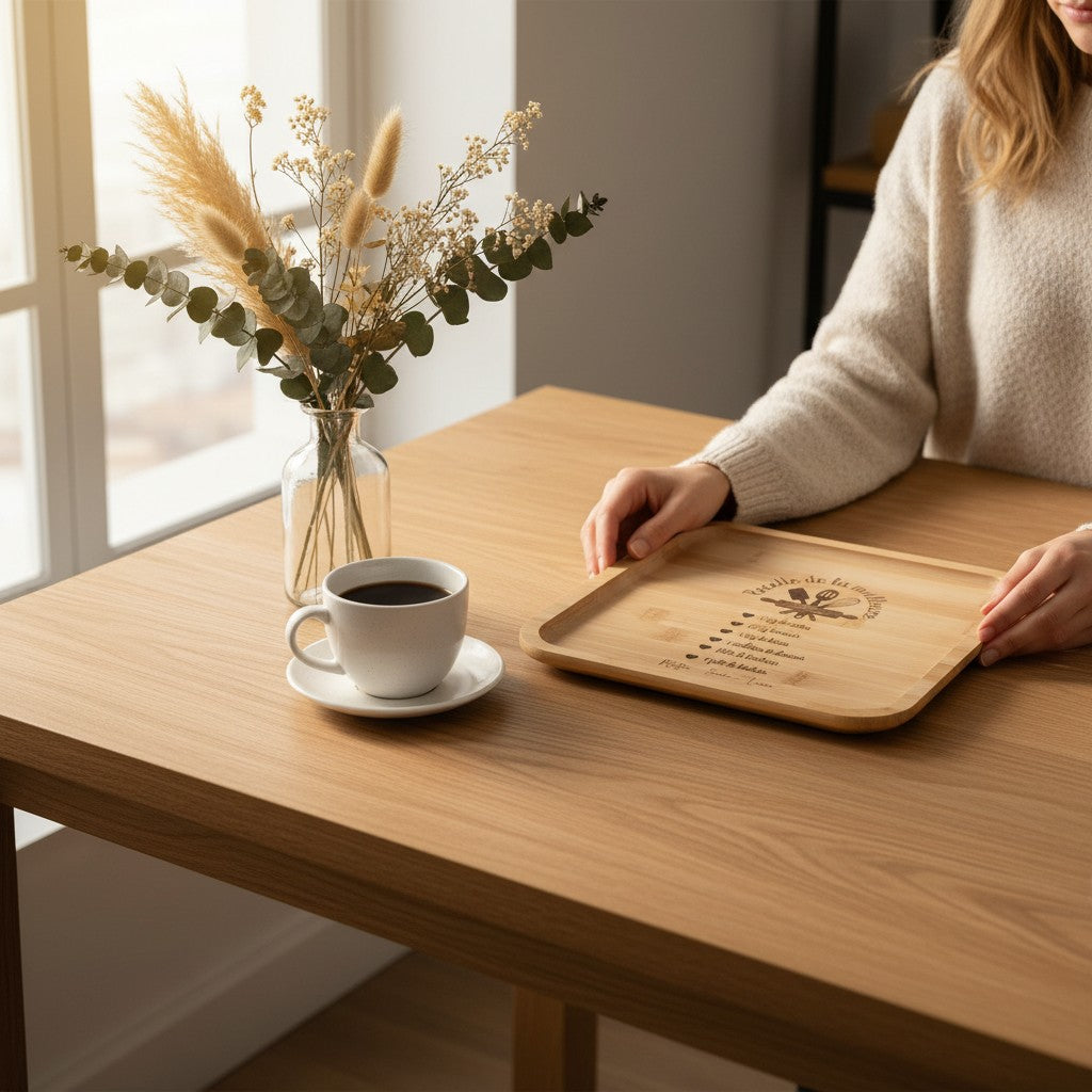 Plateau carré en bambou naturel L'Atelier de Lylou gravé "Recette de la meilleure maman" avec prénoms personnalisés.
