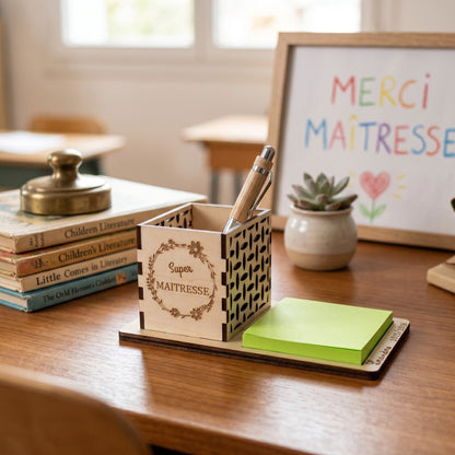 Pot à crayons en bois personnalisé "Super Maîtresse" par L'Atelier de Lylou, avec emplacement pour bloc de notes et stylo.