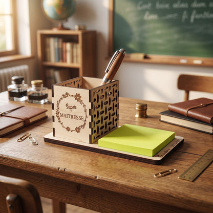 Pot à crayons personnalisé en bois "Super Maîtresse" par L'Atelier de Lylou, avec emplacement pour bloc de notes et stylo.
