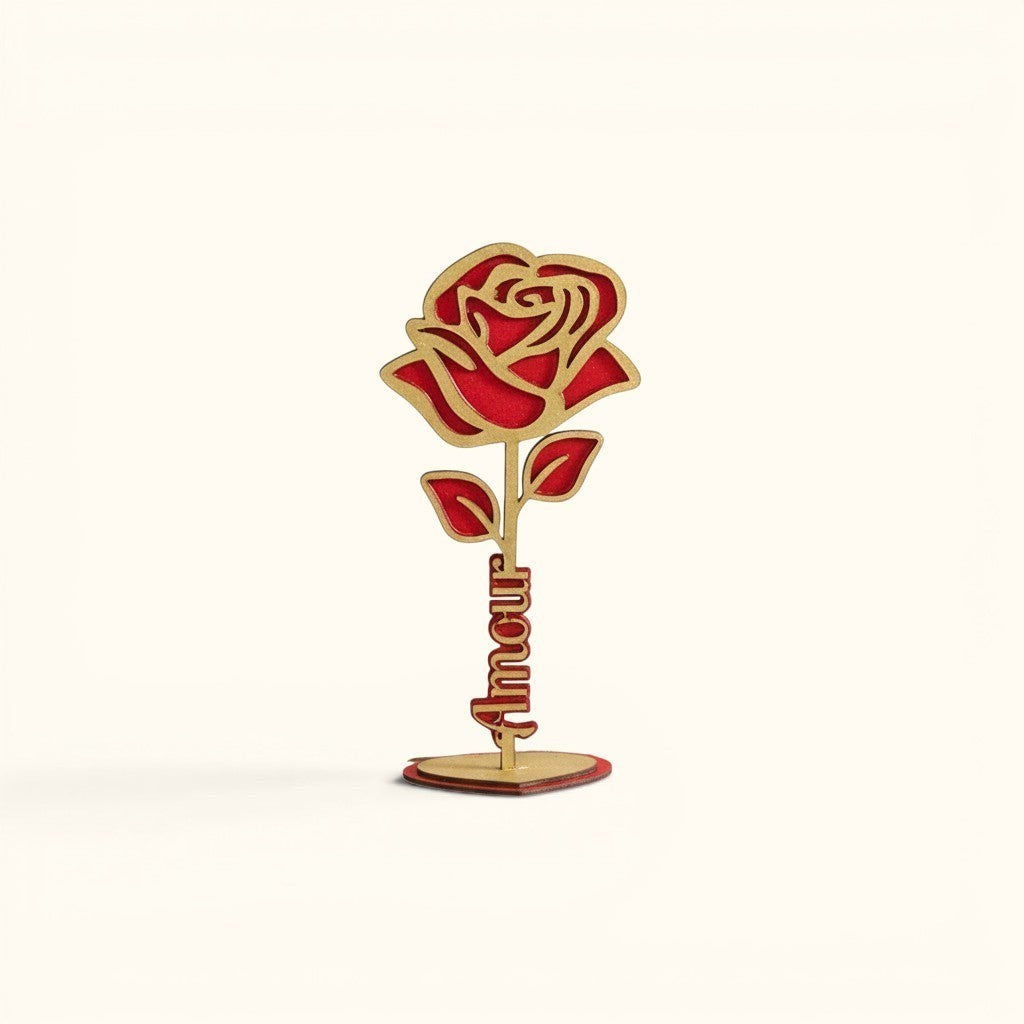 L'Atelier de Lylou : Rose en bois rouge et dorée peinte à la main, gravée "Amour" ou "Bonheur". Décoration artisanale.