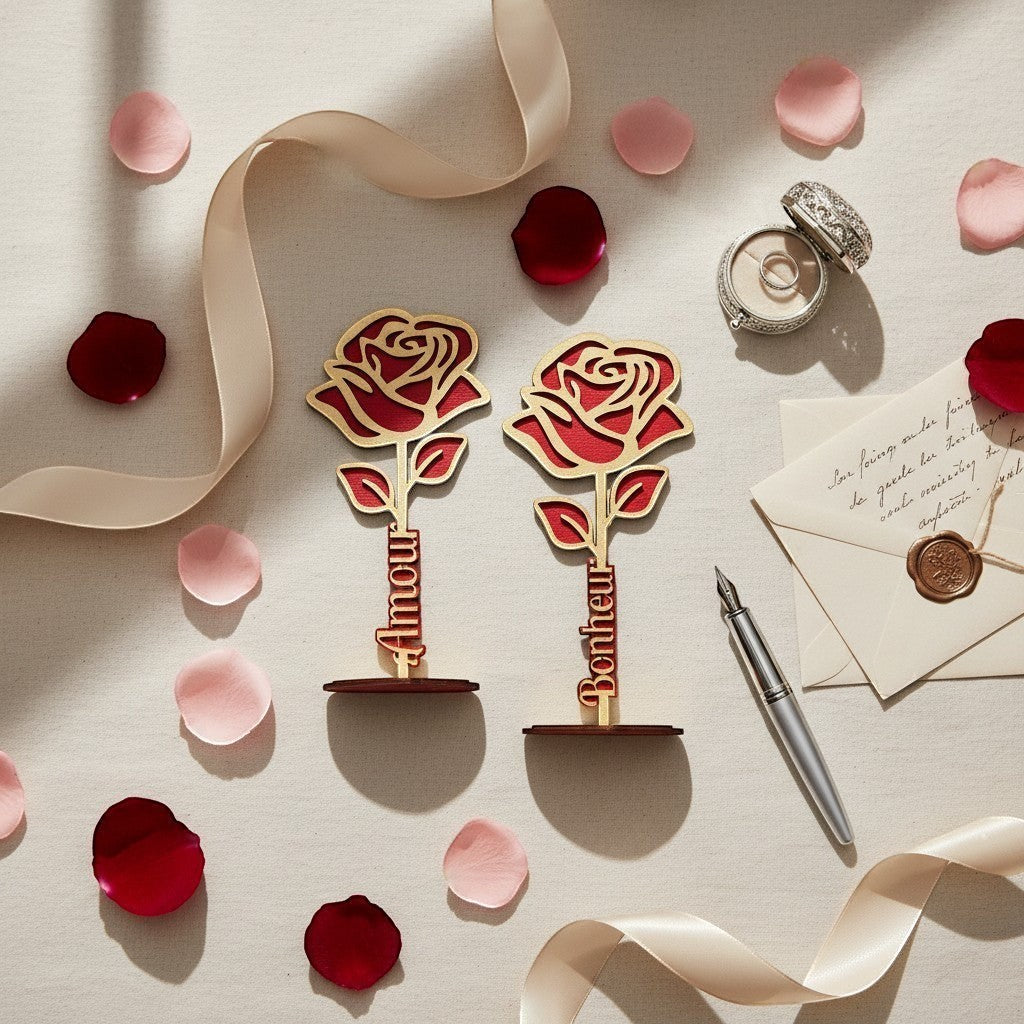 L'Atelier de Lylou, rose en bois rouge et dorée peinte à la main, gravée "Amour" ou "Bonheur", 25.5 cm de haut.