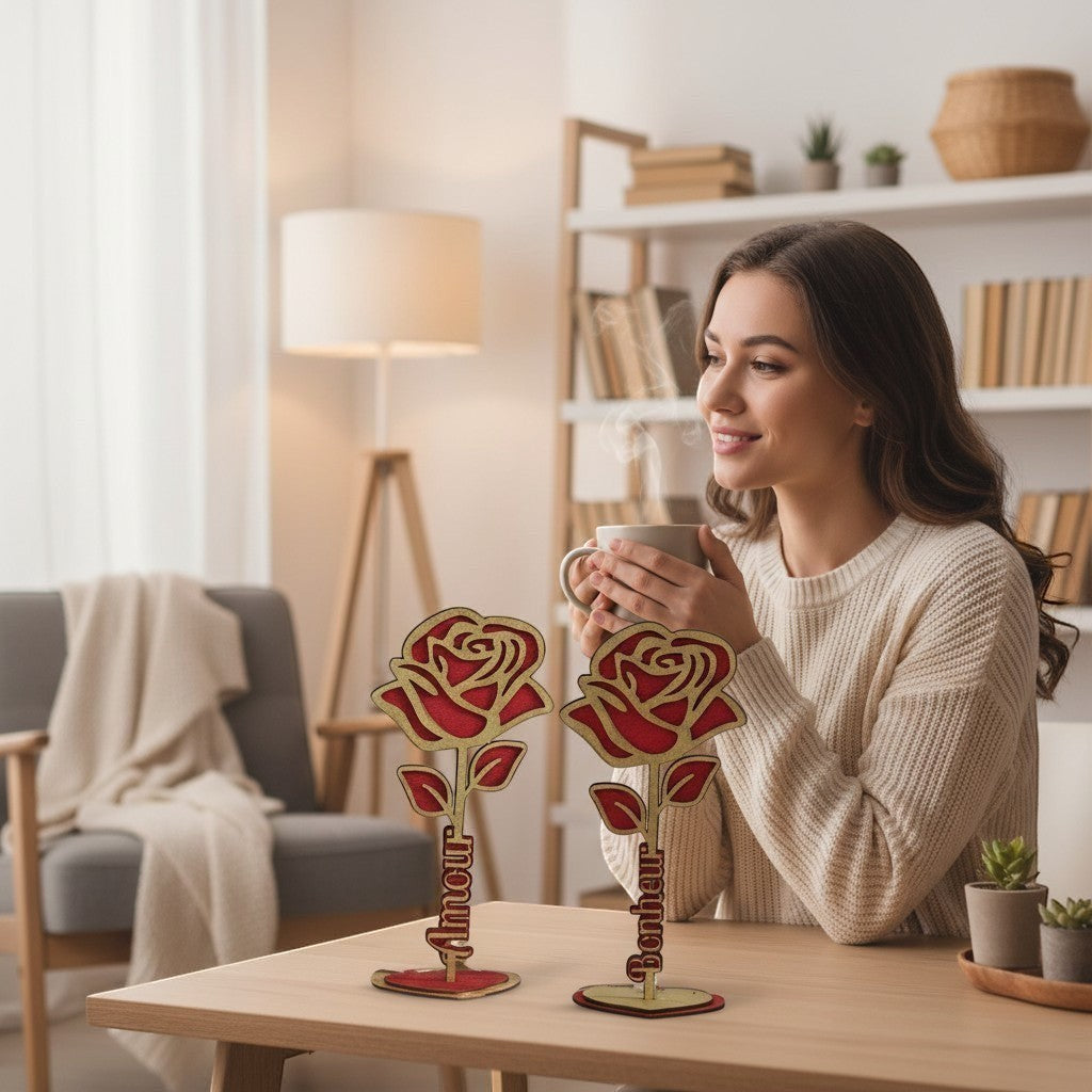 L'Atelier de Lylou : Rose en bois rouge et dorée peinte à la main, avec inscription "Amour" ou "Bonheur". Décoration artisanale.