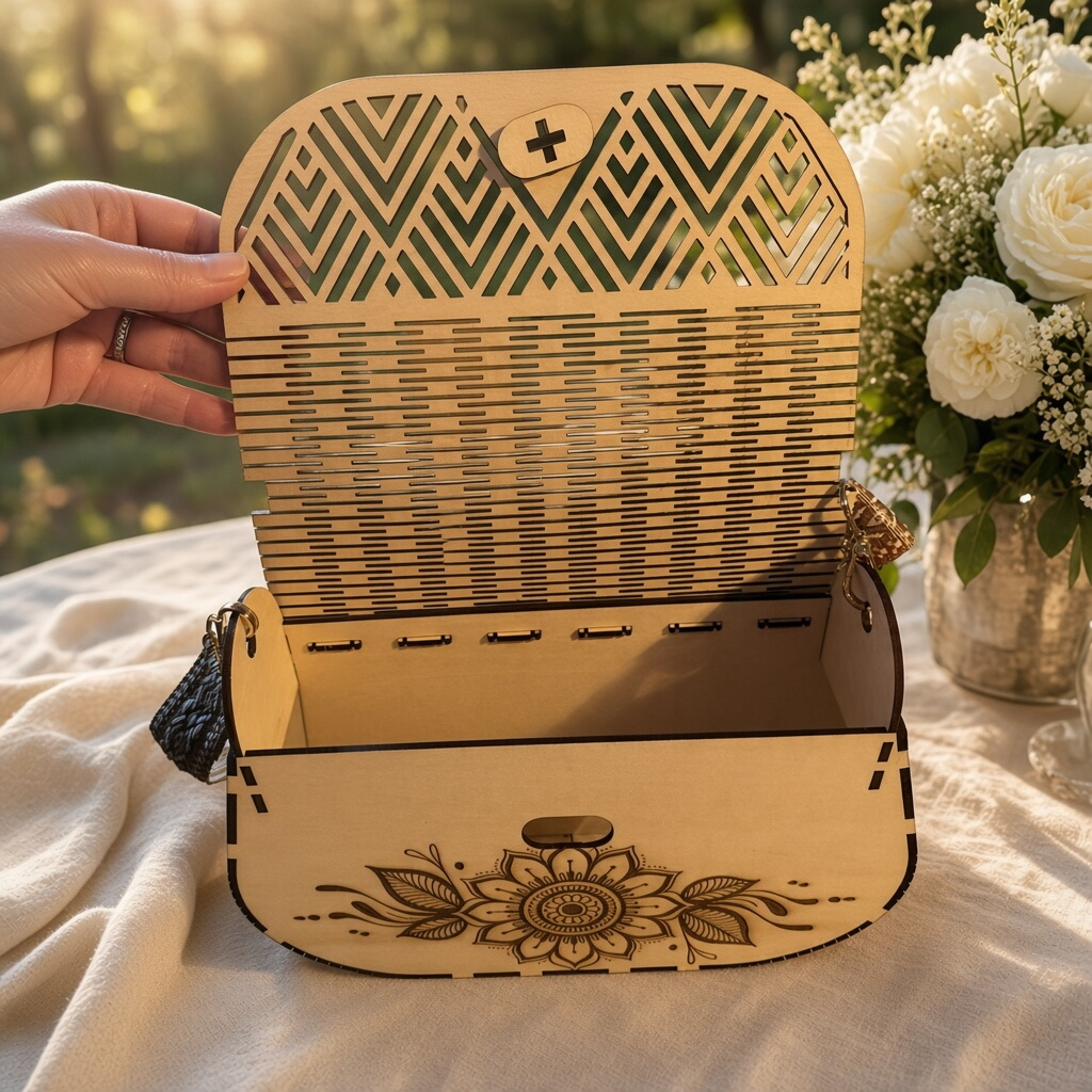 Sac à main L'Atelier de Lylou en bois de tilleul clair avec rabat ajouré géométrique et motif floral gravé