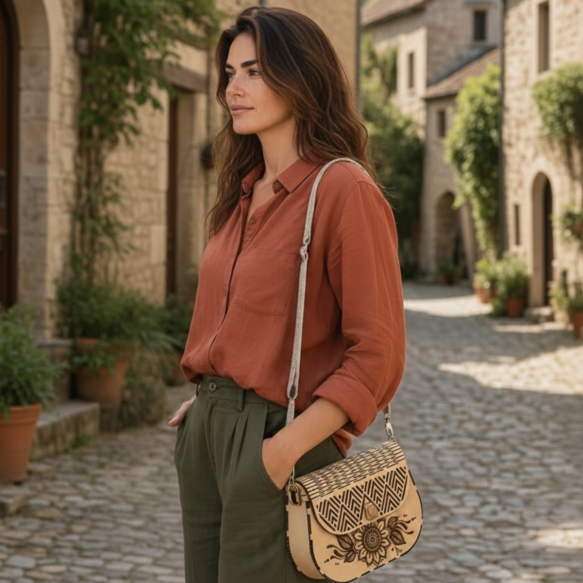 Femme portant un sac à main en bois L'Atelier de Lylou avec gravure florale et rabat géométrique dans une rue pavée