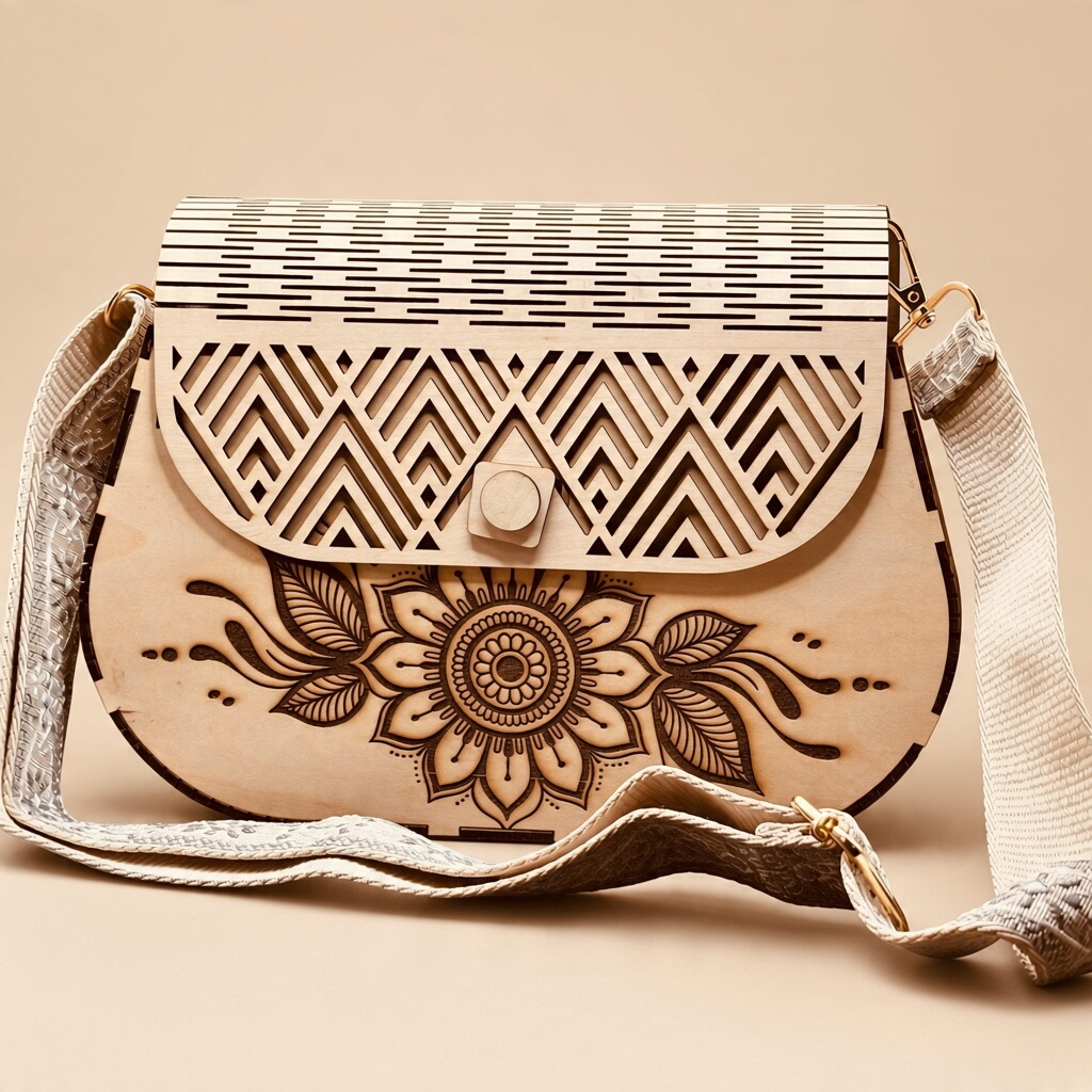Sac à main L'Atelier de Lylou en bois de tilleul clair avec fleur gravée et rabat géométrique ajouré bohème