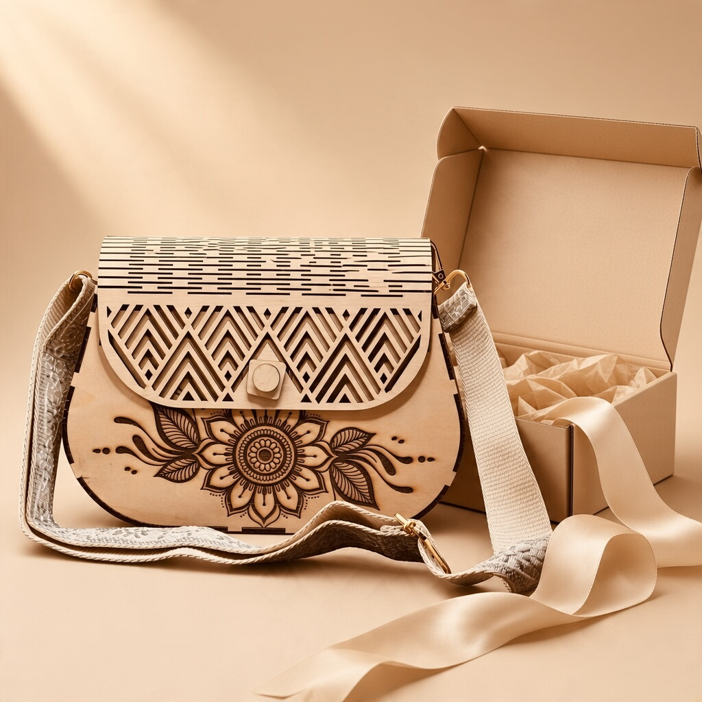 Sac à main L'Atelier de Lylou en bois de tilleul clair avec fleur gravée, rabat géométrique ajouré et bandoulière.