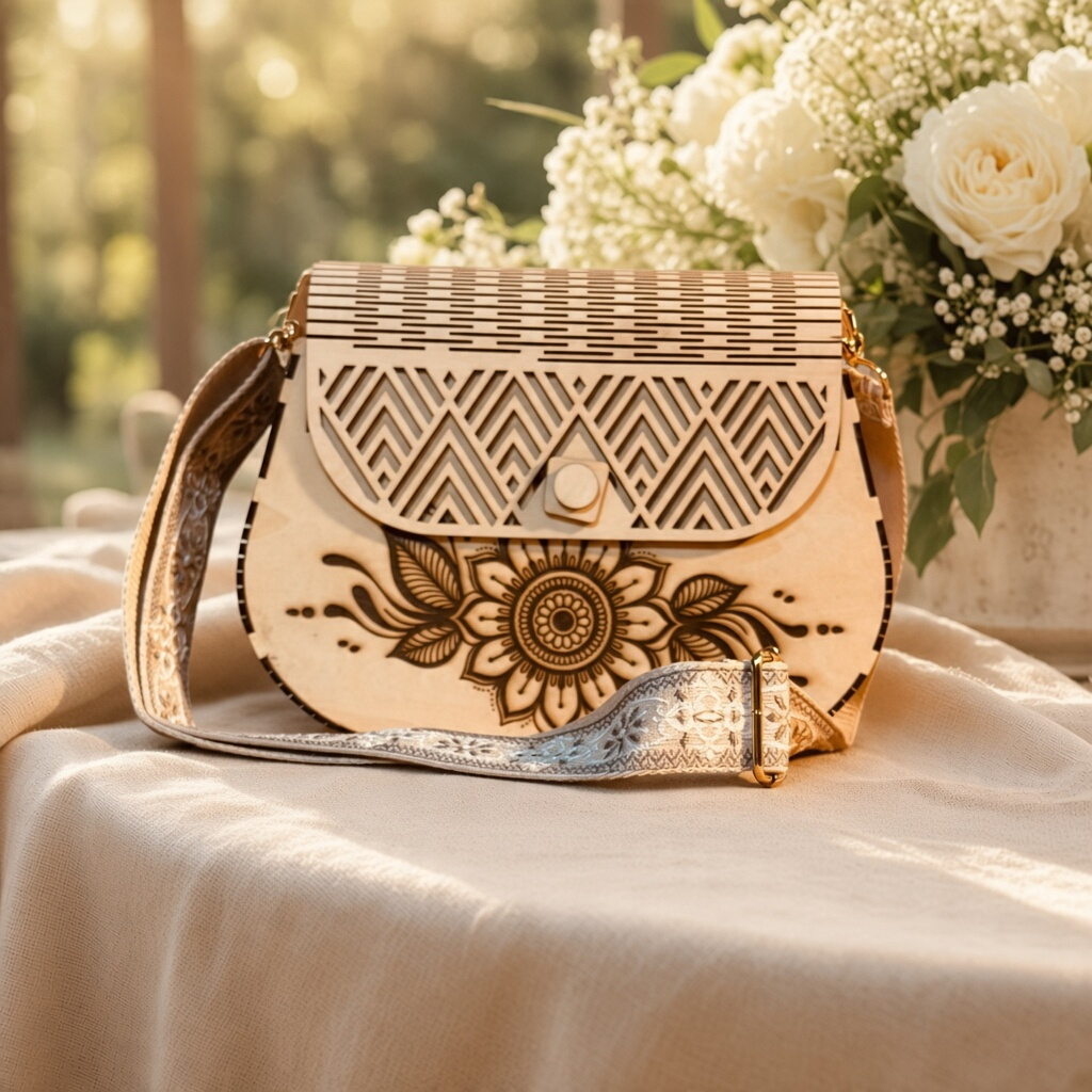 Sac à main L'Atelier de Lylou en bois de tilleul clair avec fleur gravée, rabat géométrique ajouré et bandoulière