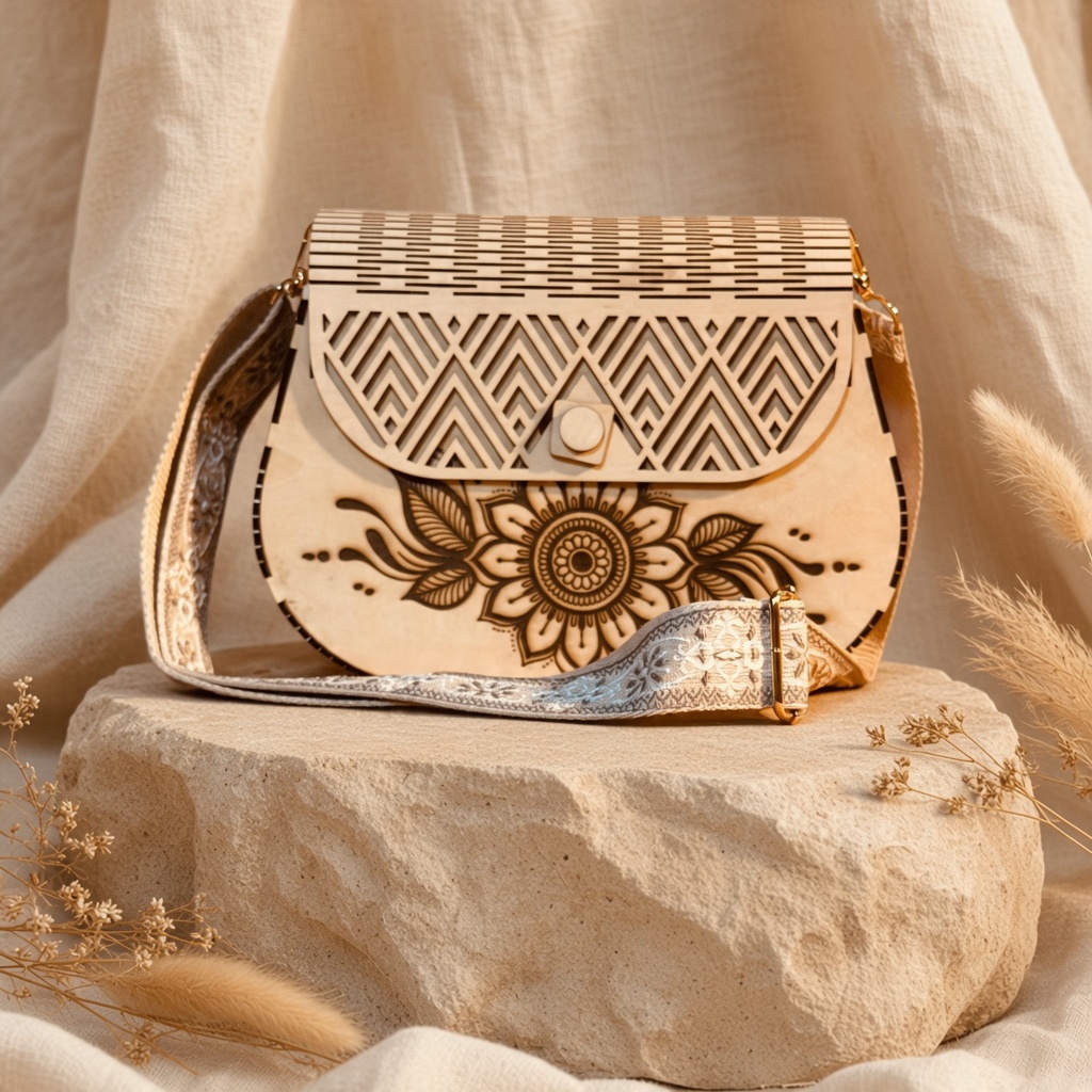 Sac à main L'Atelier de Lylou en bois de tilleul clair avec gravure florale, rabat géométrique ajouré et bandoulière