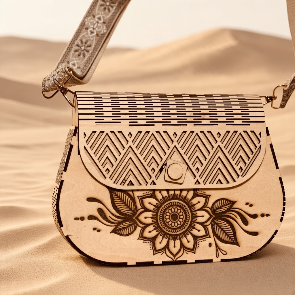 Sac à main L'Atelier de Lylou en bois de tilleul clair avec gravure florale, rabat géométrique et bandoulière bohème