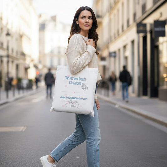Sac fourre-tout humoristique blanc en coton L'Atelier de Lylou avec inscription "Je m'en bats l'huître" et un dessin de mains formant un cœur.