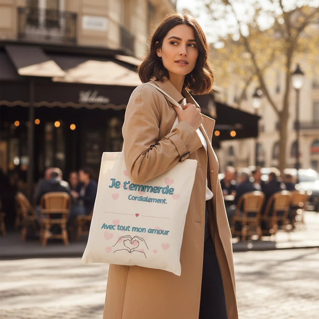 Sac fourre-tout humoristique en coton blanc "Je t'emmerde, Cordialement. Avec tout mon amour" par L'Atelier de Lylou.
