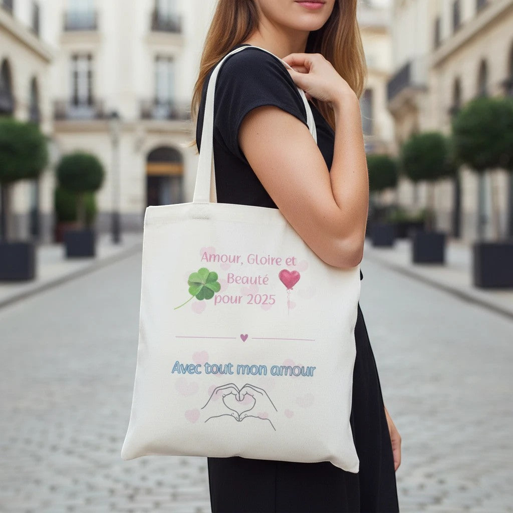 Sac fourre-tout blanc en coton L'Atelier de Lylou avec inscription "Amour, Gloire et Beauté pour 2025" et "Avec tout mon amour".