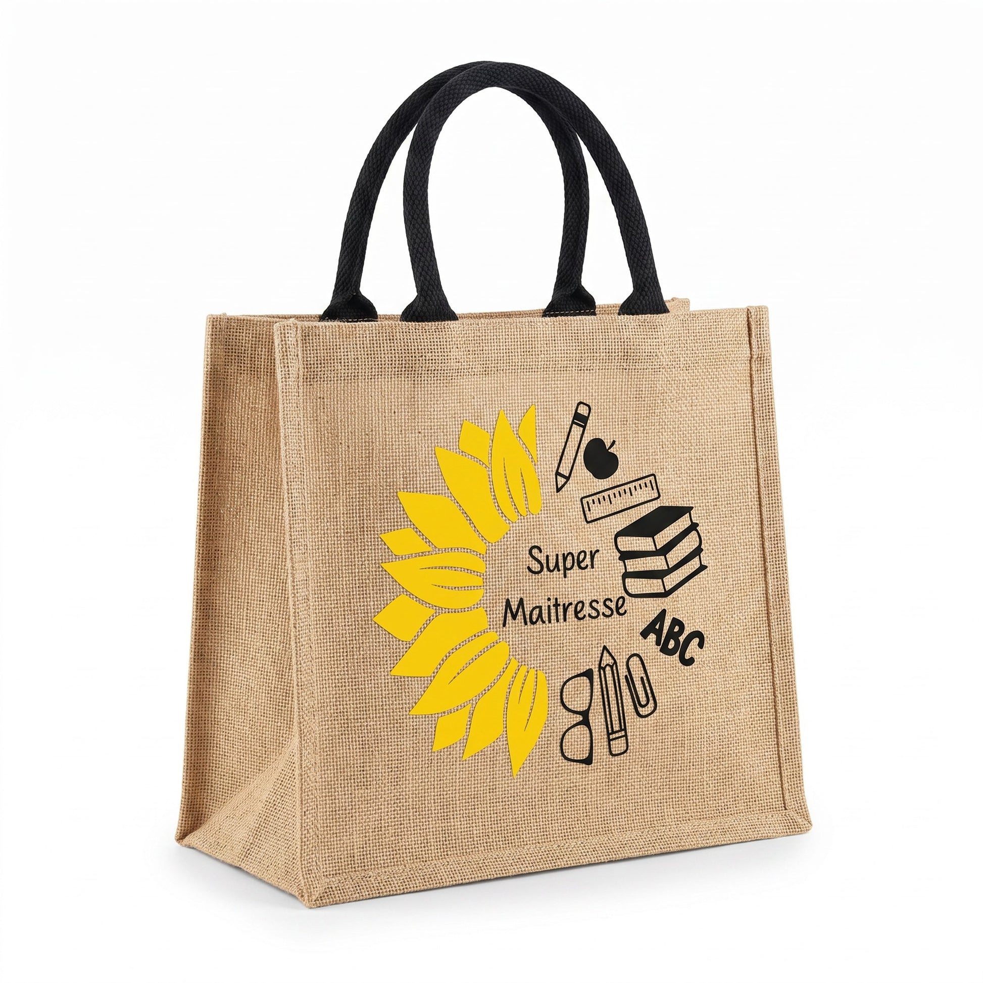 Sac cabas L'Atelier de Lylou en jute naturel avec tournesol jaune et inscription "Super Maitresse". Idéal pour cadeau.