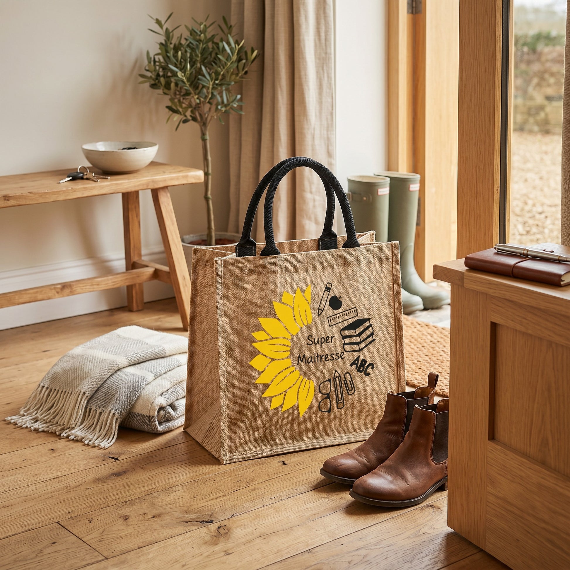 Sac cabas L'Atelier de Lylou en jute naturel avec anses noires, décoré d'un tournesol jaune et d'icônes scolaires.