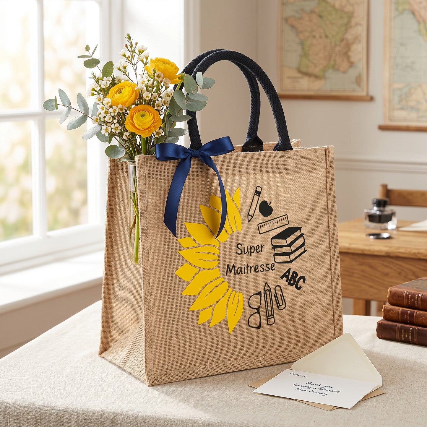 Sac cabas en jute naturel personnalisé L'Atelier de Lylou avec un tournesol jaune et des icônes scolaires. Idéal cadeau maîtresse.