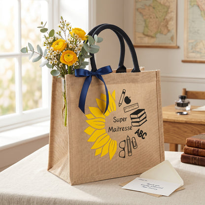 Sac cabas en jute naturel personnalisé L'Atelier de Lylou avec un tournesol jaune et des icônes scolaires. Idéal cadeau maîtresse.