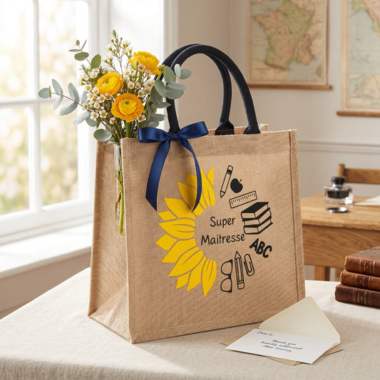 Sac cabas en jute naturel personnalisé L'Atelier de Lylou avec un tournesol jaune et des icônes scolaires. Idéal cadeau maîtresse.