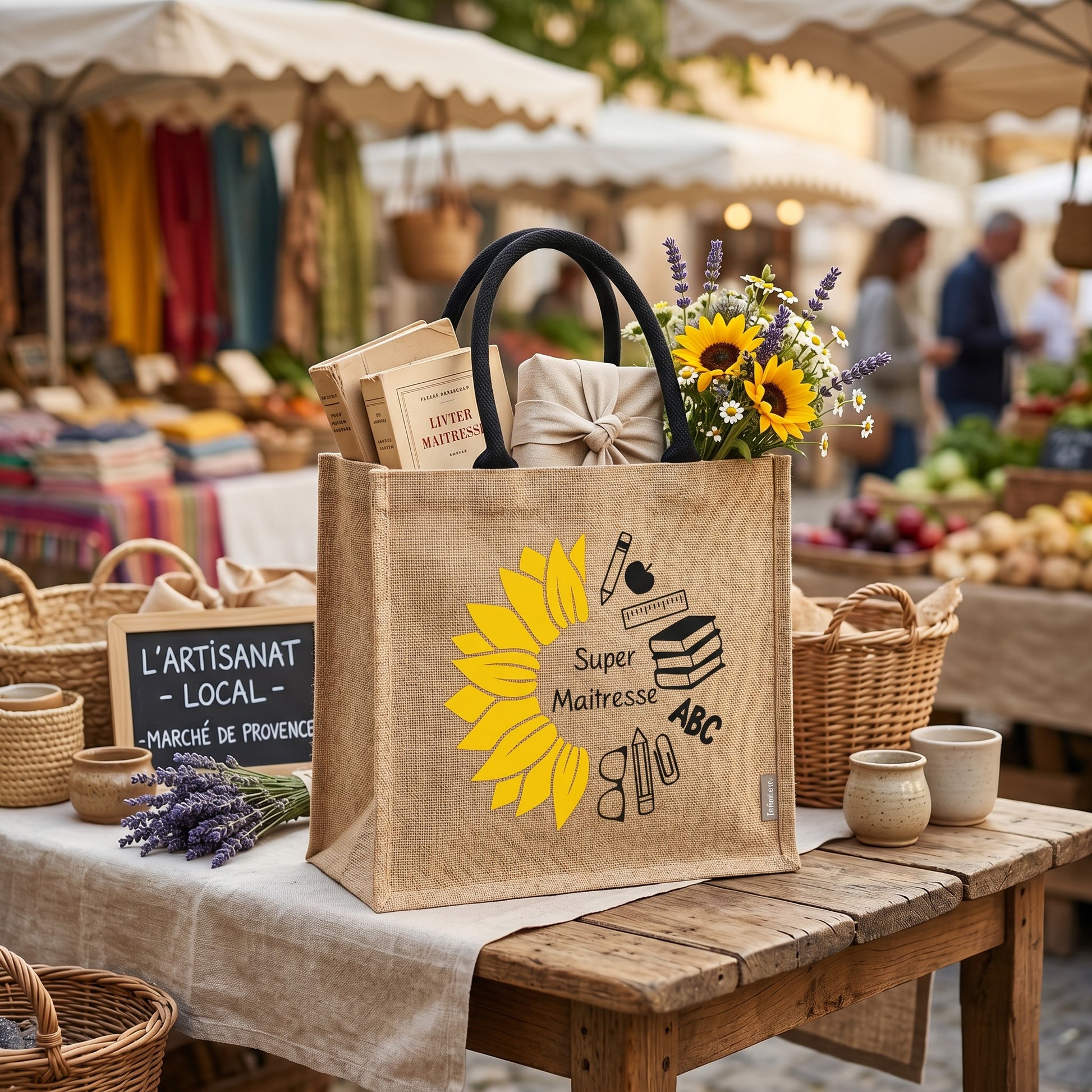 Sac cabas L'Atelier de Lylou en jute naturel avec motif tournesol et icônes scolaires, idéal pour maîtresse.