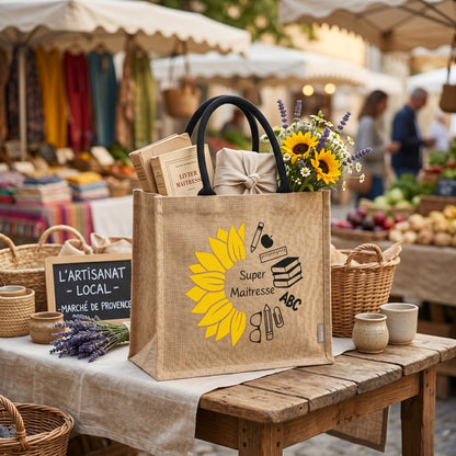 Sac cabas L'Atelier de Lylou en jute naturel avec motif tournesol et icônes scolaires, idéal pour maîtresse.