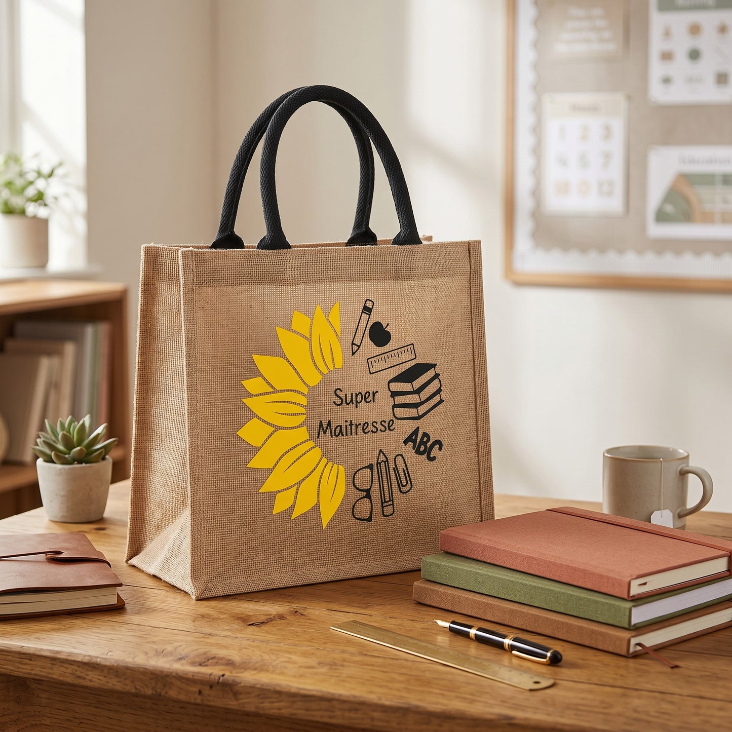 Sac cabas en jute naturel L'Atelier de Lylou avec un tournesol jaune et des icônes scolaires. Idéal pour maîtresse.