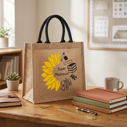 Sac cabas en jute naturel L'Atelier de Lylou avec un tournesol jaune et des icônes scolaires. Idéal pour maîtresse.