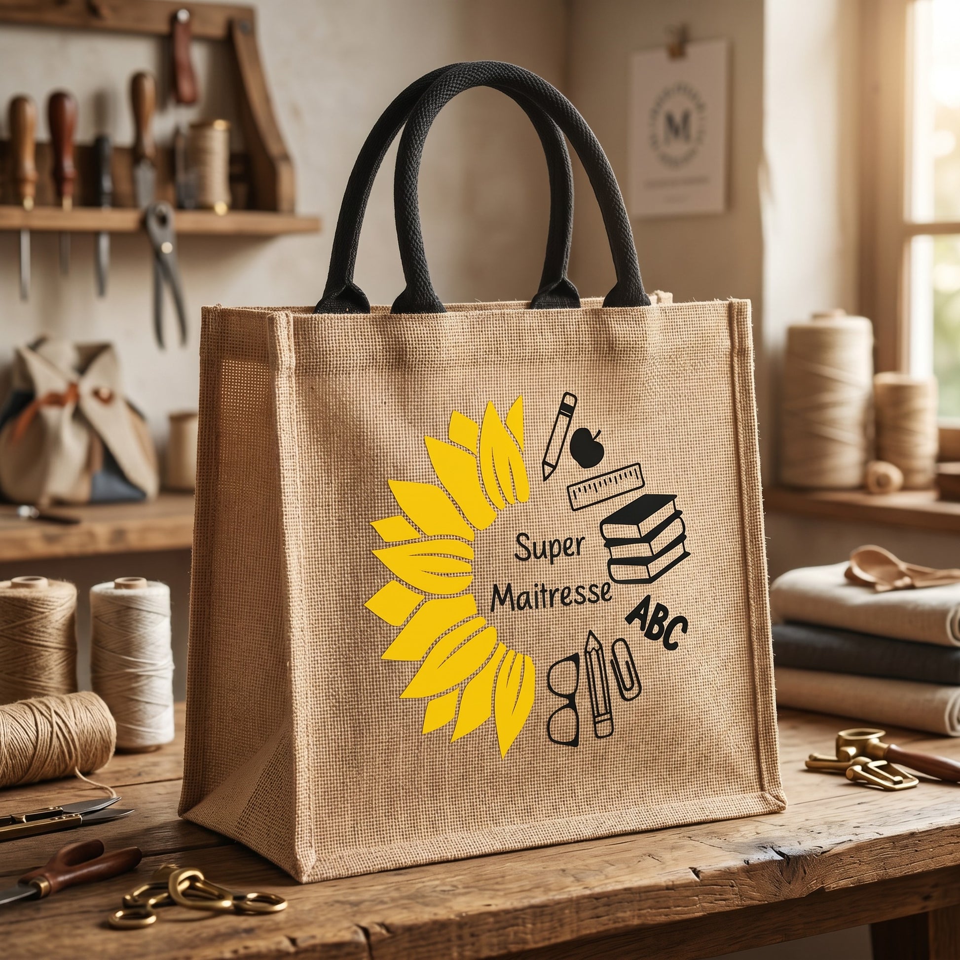 Sac cabas en jute naturel L'Atelier de Lylou avec un tournesol jaune et des motifs scolaires "Super Maîtresse". Idéal pour cadeau.