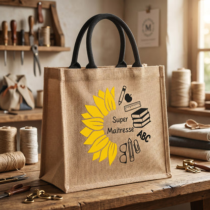 Sac cabas en jute naturel L'Atelier de Lylou avec un tournesol jaune et des motifs scolaires "Super Maîtresse". Idéal pour cadeau.