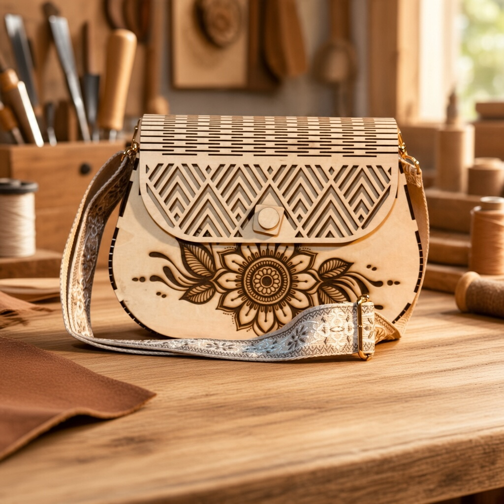 Sac à main L'Atelier de Lylou en bois de tilleul clair avec fleur gravée, rabat géométrique ajouré et bandoulière