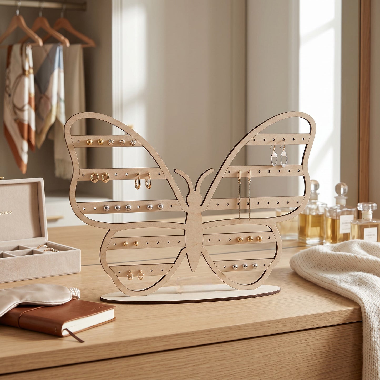 L'Atelier de Lylou support à boucles d'oreilles papillon en bois clair ajouré, idéal pour organiser bijoux et pins.