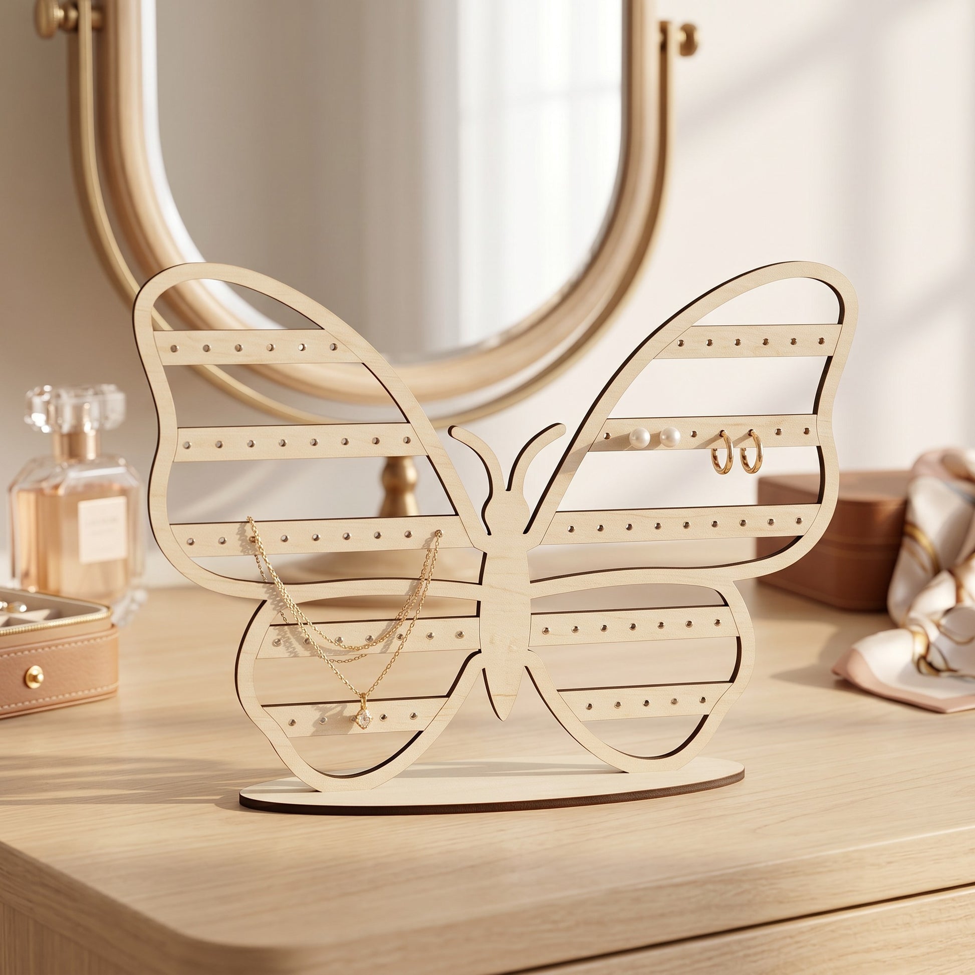 L'Atelier de Lylou support à boucles d'oreilles papillon en bois clair, ajouré pour organiser bijoux et pins.