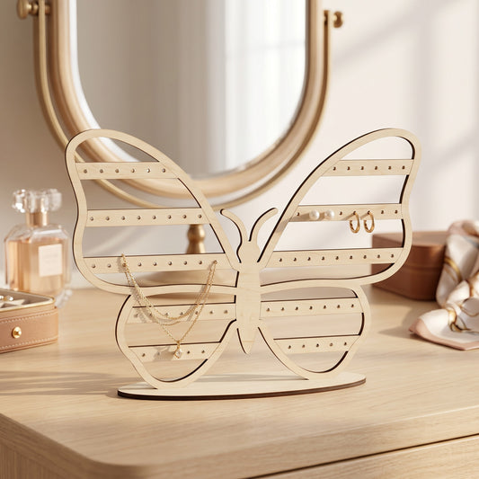 L'Atelier de Lylou support à boucles d'oreilles papillon en bois clair, ajouré pour organiser bijoux et pins.