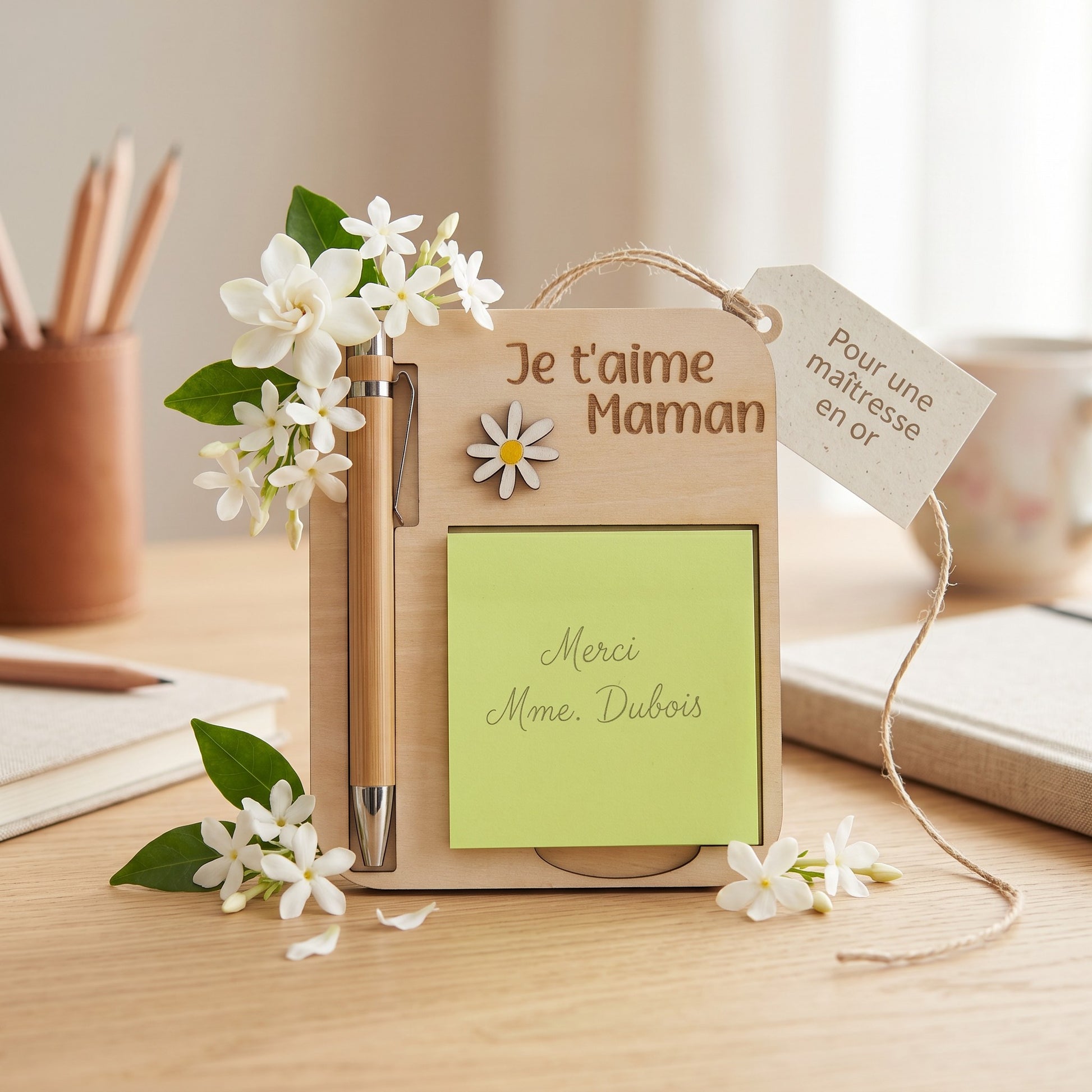 L'Atelier de Lylou support à Post-it en bois gravé "Je t'aime Maman" avec un stylo bambou et un bloc Post-it vert.