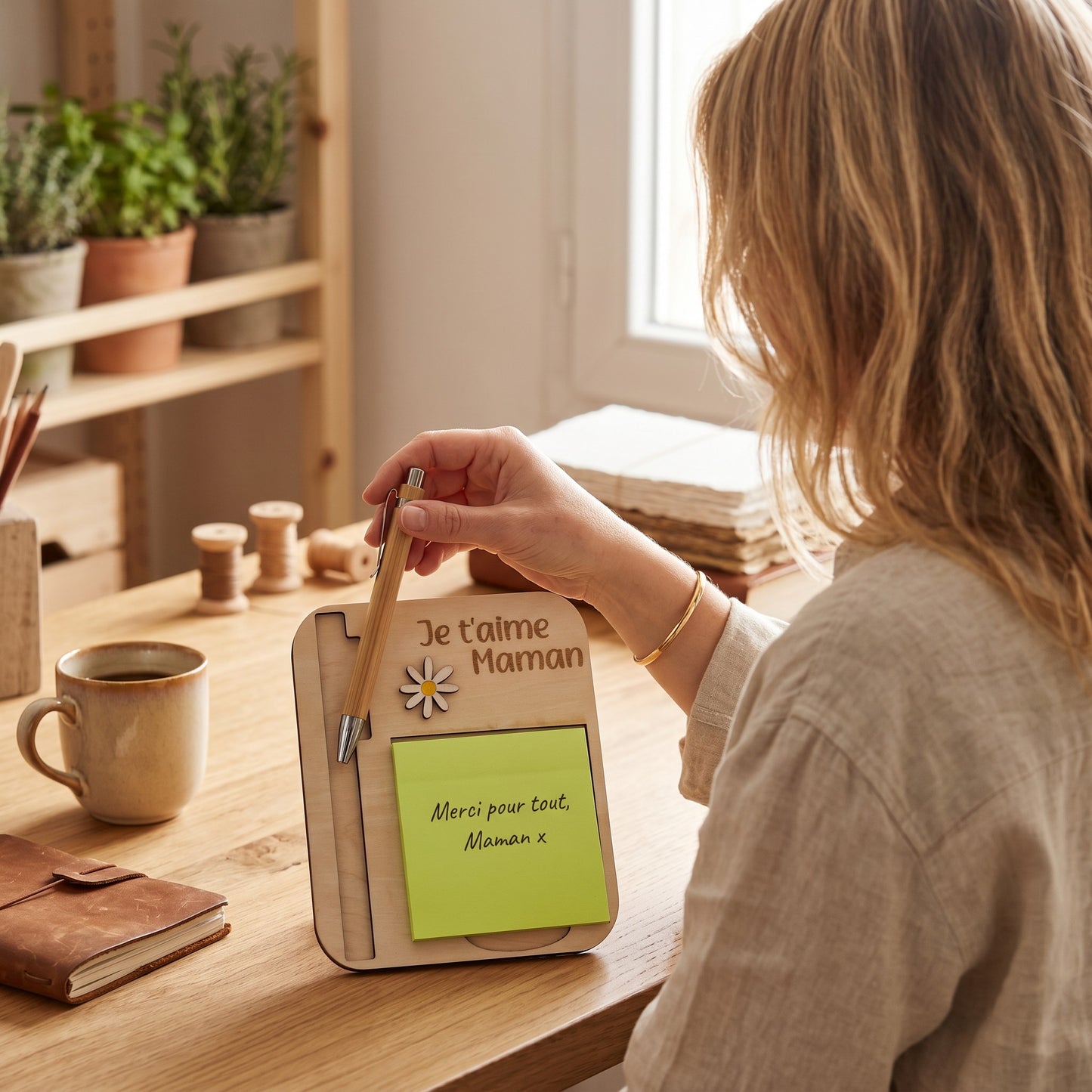 L'Atelier de Lylou support à Post-it en bois gravé "Je t'aime Maman" avec stylo bambou et fleur marguerite.