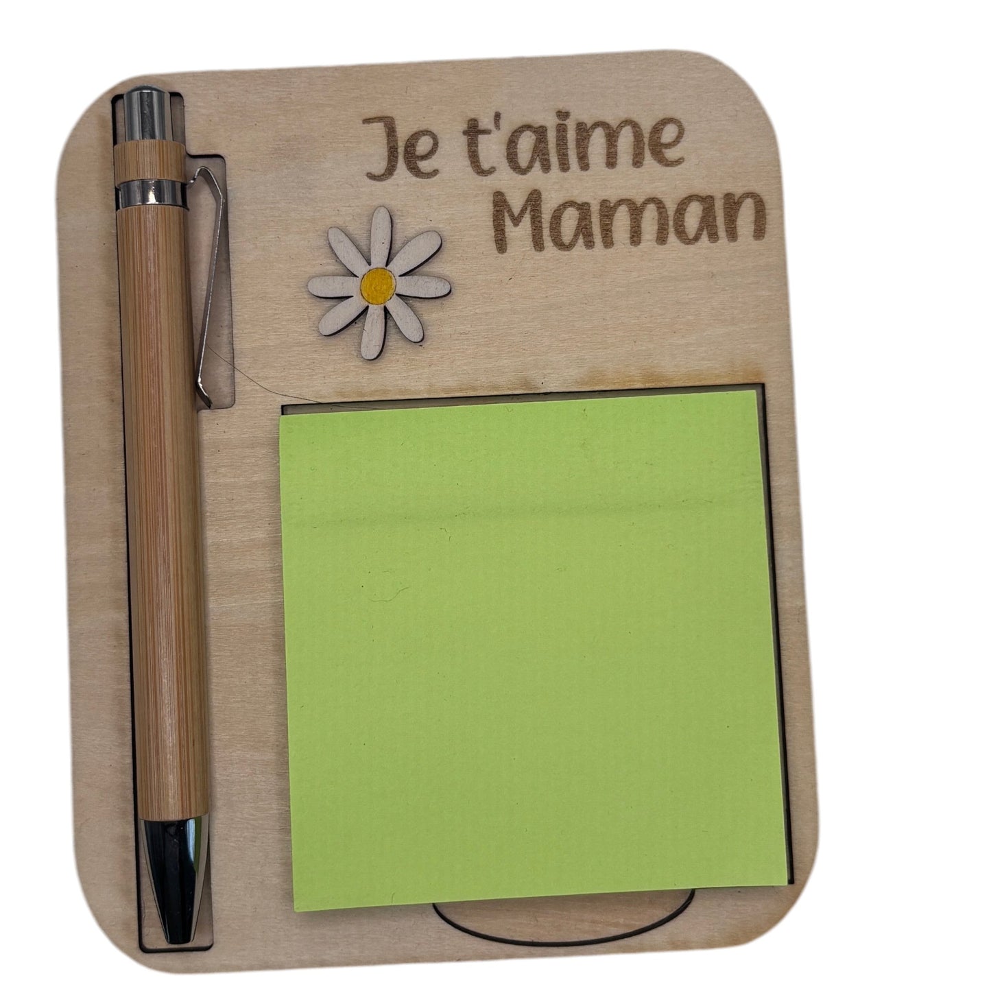 L'Atelier de Lylou support à Post-it en bois gravé "Je t'aime Maman" avec stylo bambou et fleur marguerite.