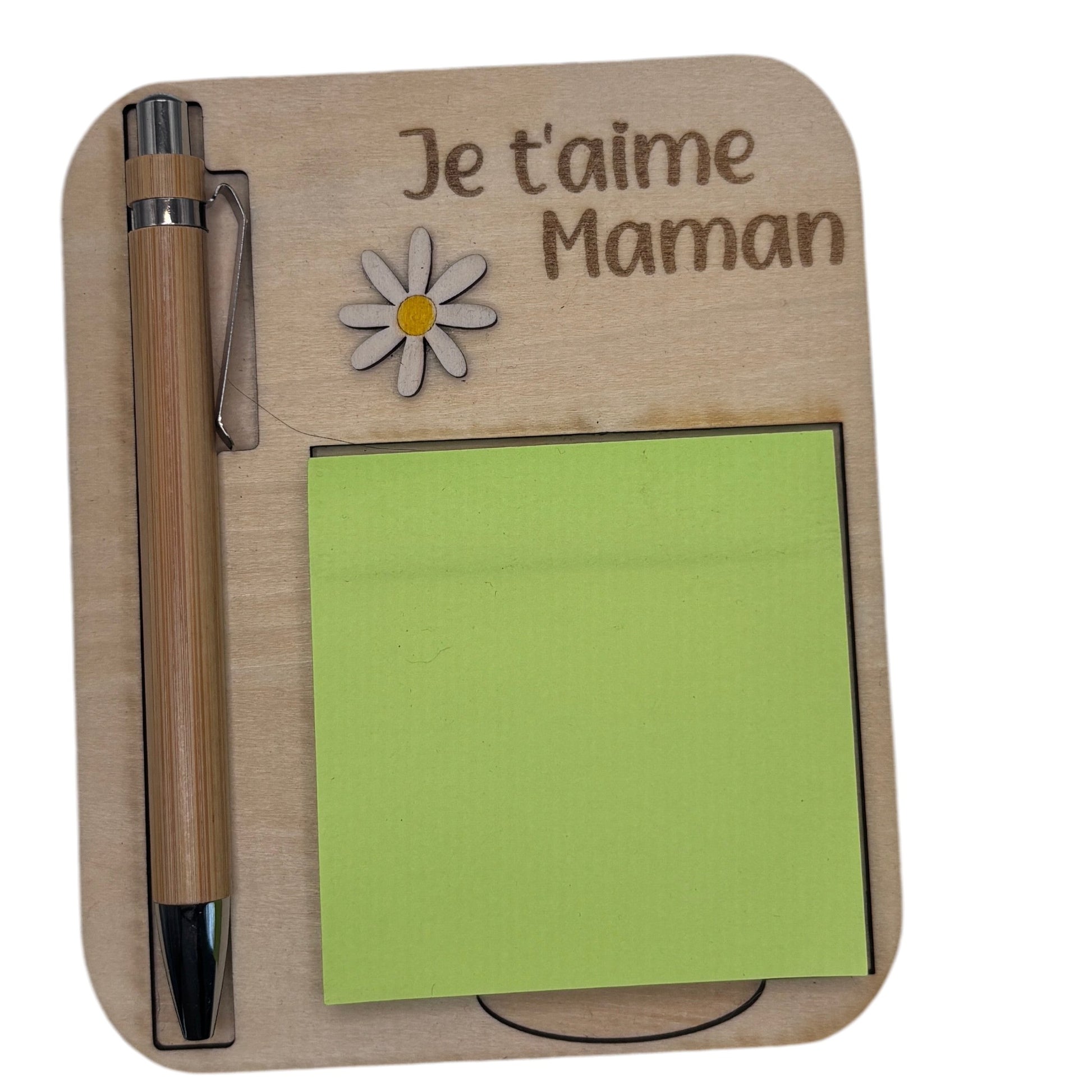 L'Atelier de Lylou support à Post-it en bois gravé "Je t'aime Maman" avec stylo bambou et fleur marguerite.