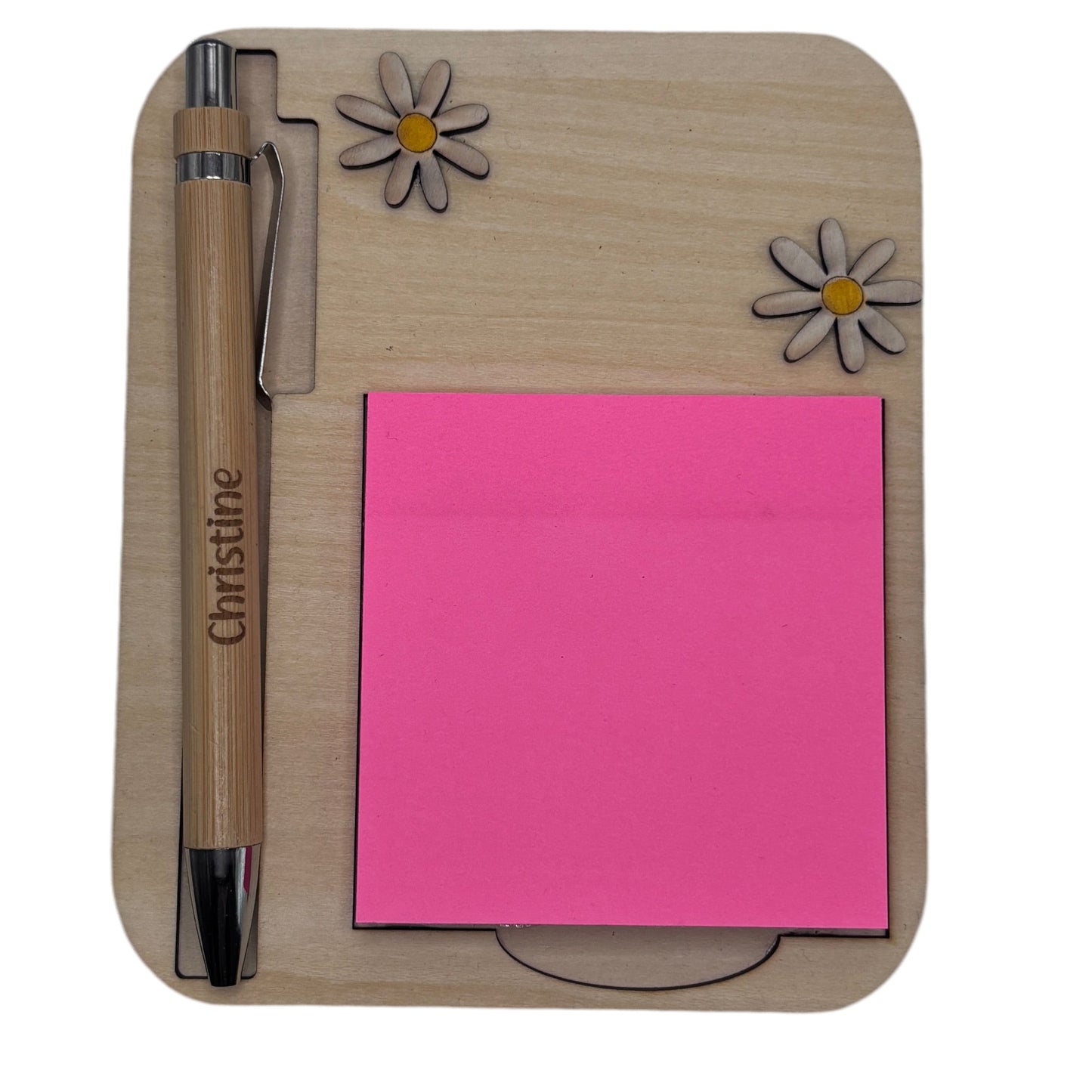 L'Atelier de Lylou support à Post-it en bois naturel avec stylo bambou personnalisé "Christine" et décorations marguerites.