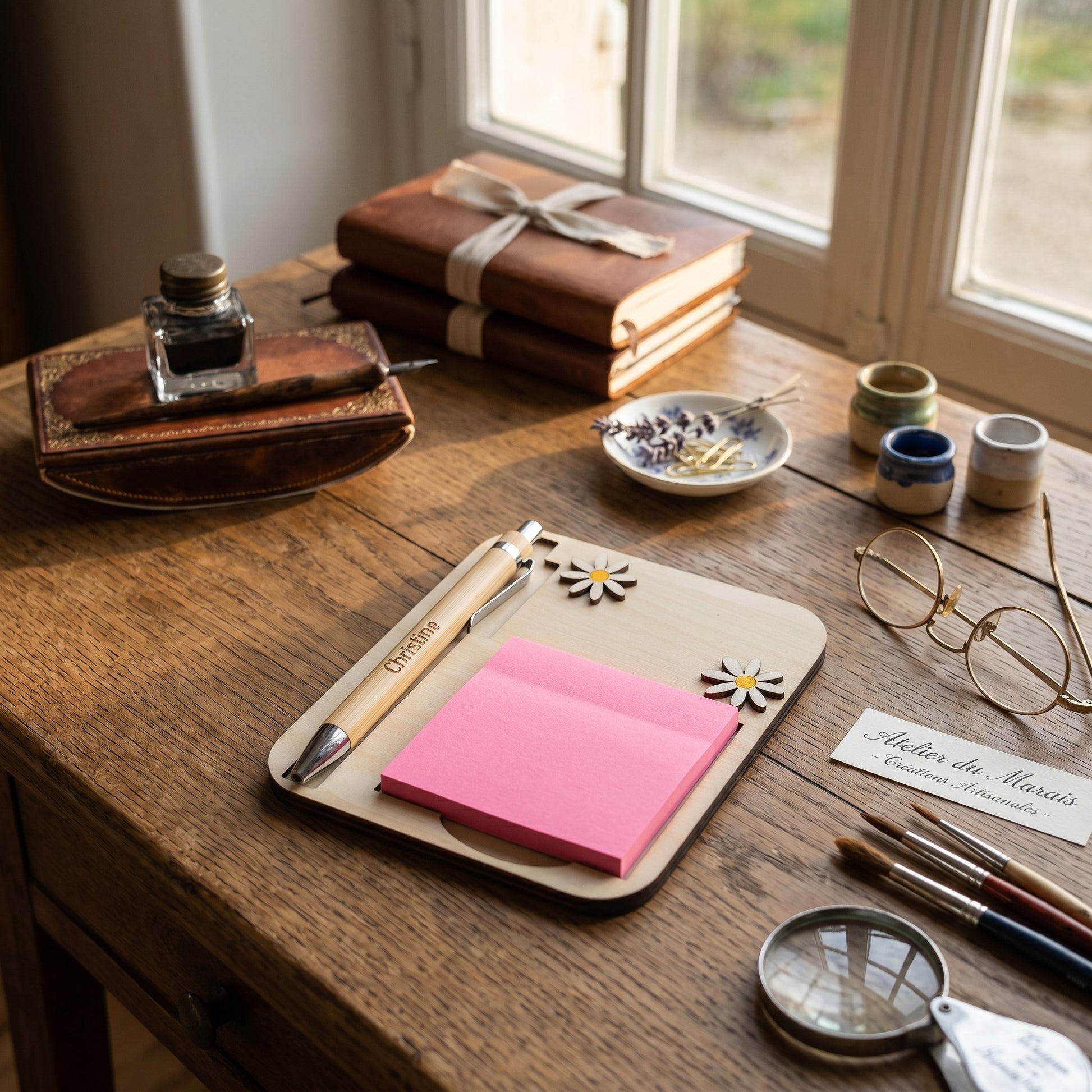 L'Atelier de Lylou support à Post-it en bois naturel avec stylo bambou personnalisé "Christine" et décorations marguerites.