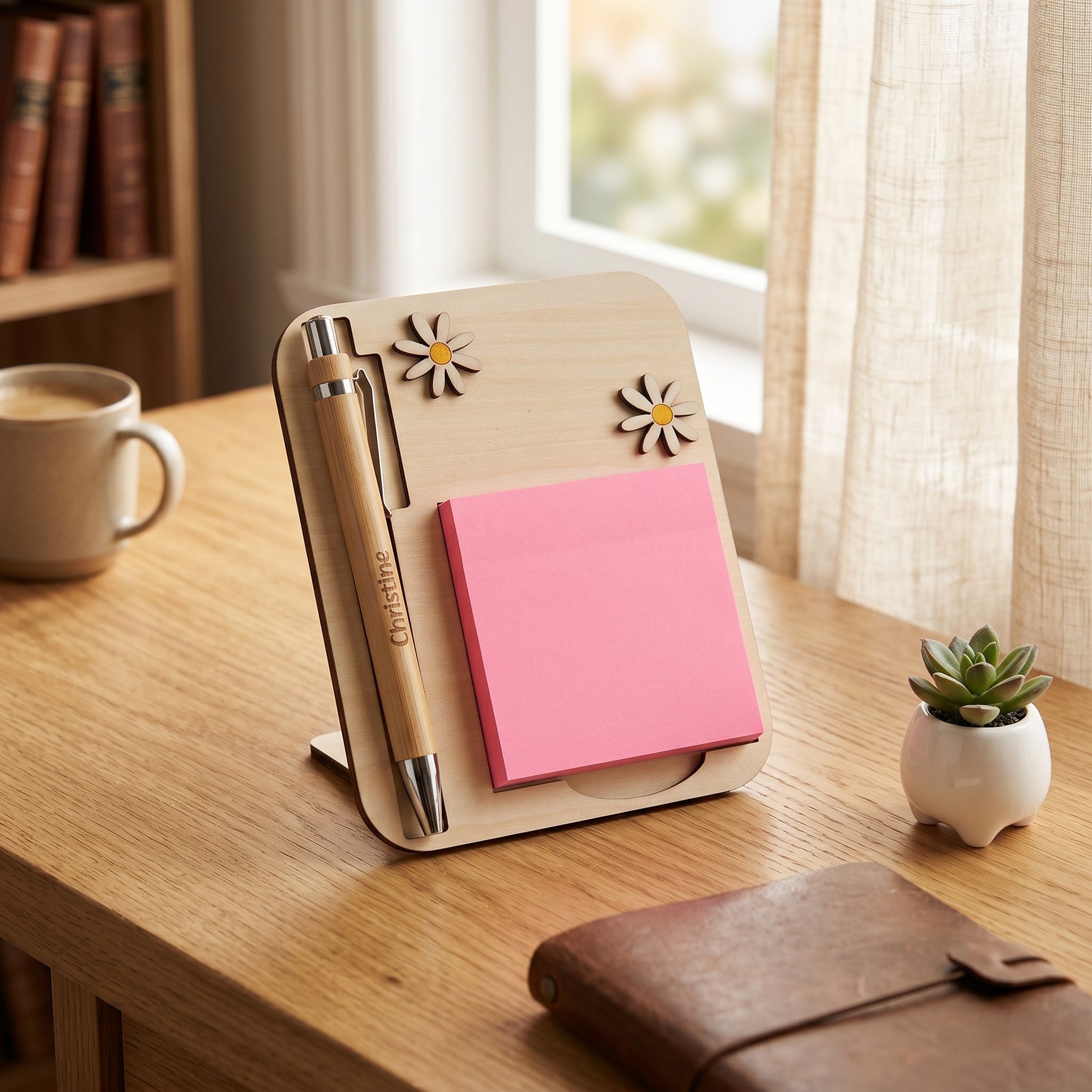 L'Atelier de Lylou support à Post-it en bois avec stylo bambou personnalisé, décoré de marguerites. Rose vif.
