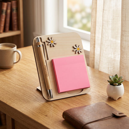 L'Atelier de Lylou support à Post-it en bois avec stylo bambou personnalisé, décoré de marguerites. Rose vif.