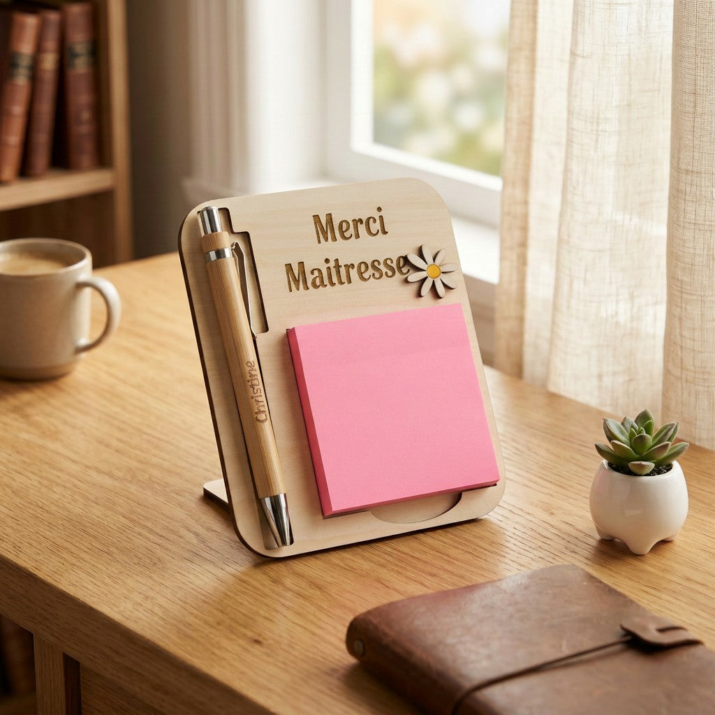L'Atelier de Lylou support à post-it en bois avec stylo personnalisé, décoré de marguerites, bloc rose.