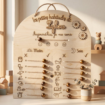 Tableau de routines personnalisé en bois L'Atelier de Lylou pour enfant, avec curseurs pour suivre les habitudes du matin et du soir.