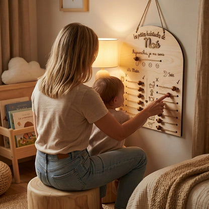 Tableau de routines personnalisé en bois L'Atelier de Lylou pour enfant, avec curseurs pour suivre les habitudes du matin et du soir.