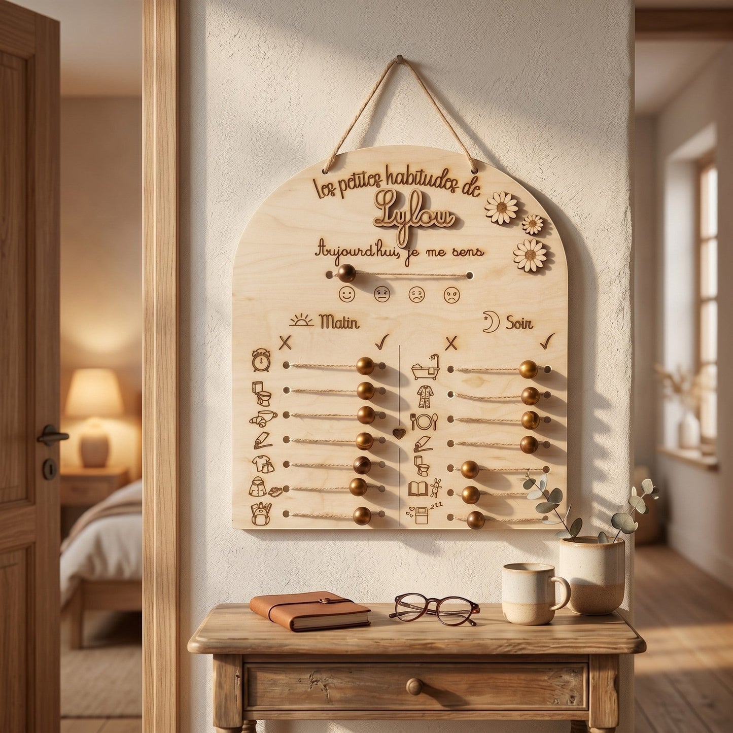 Tableau de routines personnalisé en bois L'Atelier de Lylou pour enfant, avec curseurs pour suivre les habitudes du matin et du soir.
