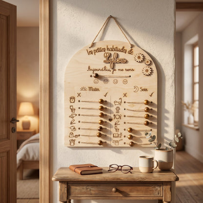 Tableau de routines personnalisé en bois L'Atelier de Lylou pour enfant, avec curseurs pour suivre les habitudes du matin et du soir.
